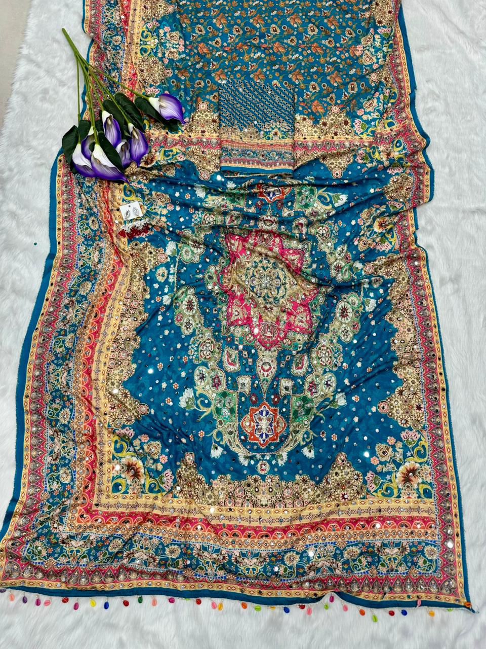 Peacock Blue Soft Crepe Silk Digital Floral Print Saree